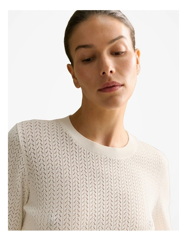 Mercerised Lace Knit 3/4 Sleeve Crew in White image 3