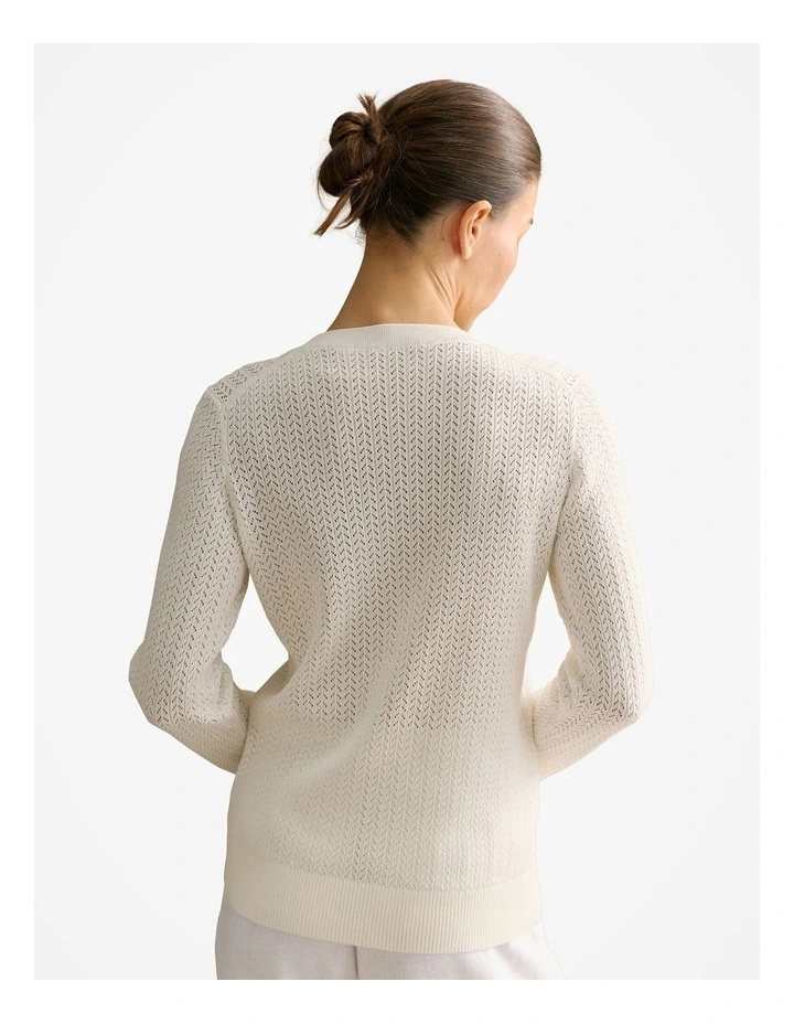 Mercerised Lace Knit 3/4 Sleeve Crew in White image 4