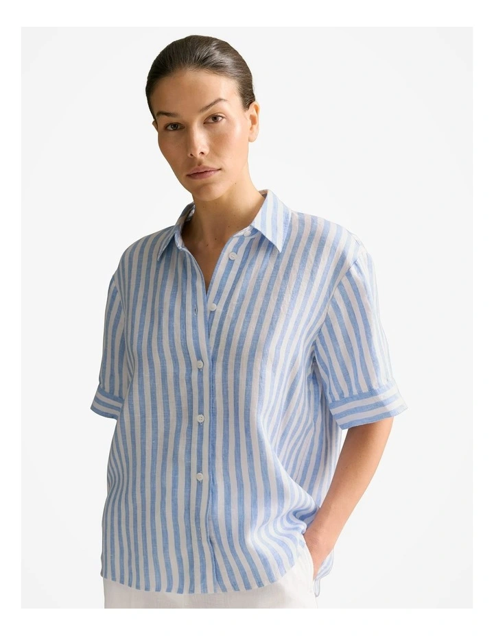 Linen Bengal Stripe Short Sleeve Shirt in Wedgewood Blue image 1