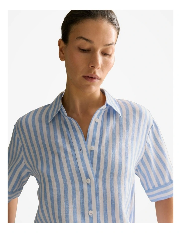 Linen Bengal Stripe Short Sleeve Shirt in Wedgewood Blue image 3