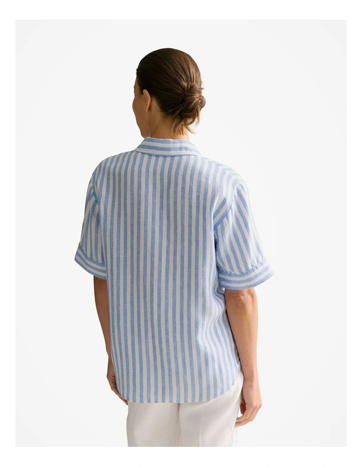 Linen Bengal Stripe Short Sleeve Shirt in Wedgewood Blue image 4