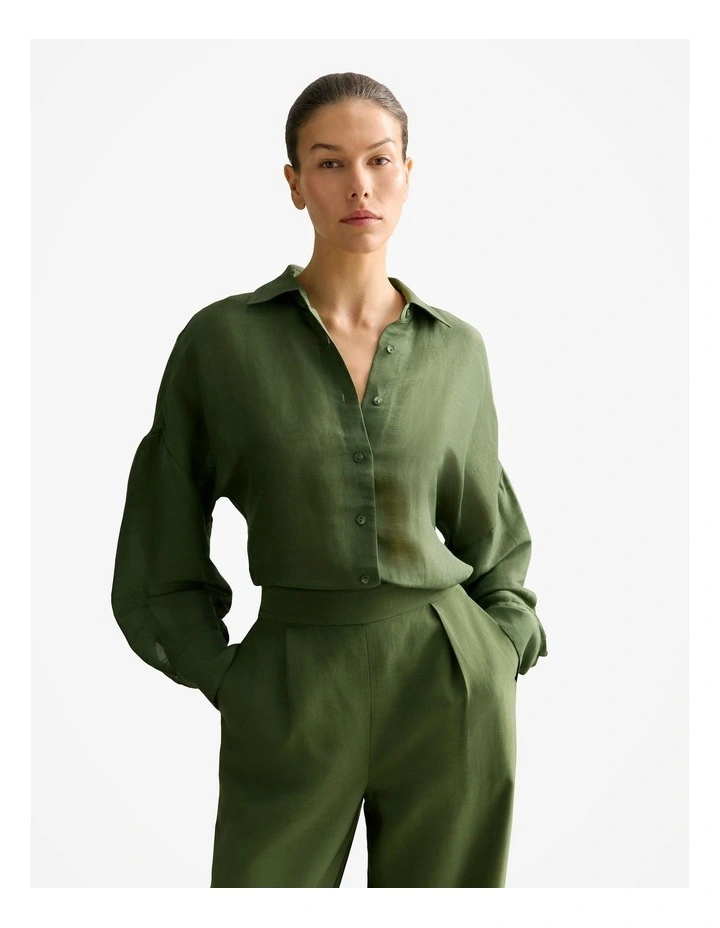 Linen Silk Relaxed Blouson Sleeve Shirt in Ivy image 1