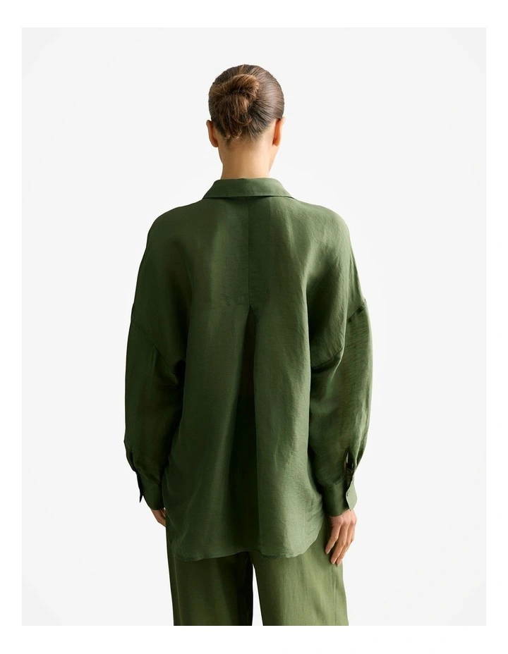 Linen Silk Relaxed Blouson Sleeve Shirt in Ivy image 4