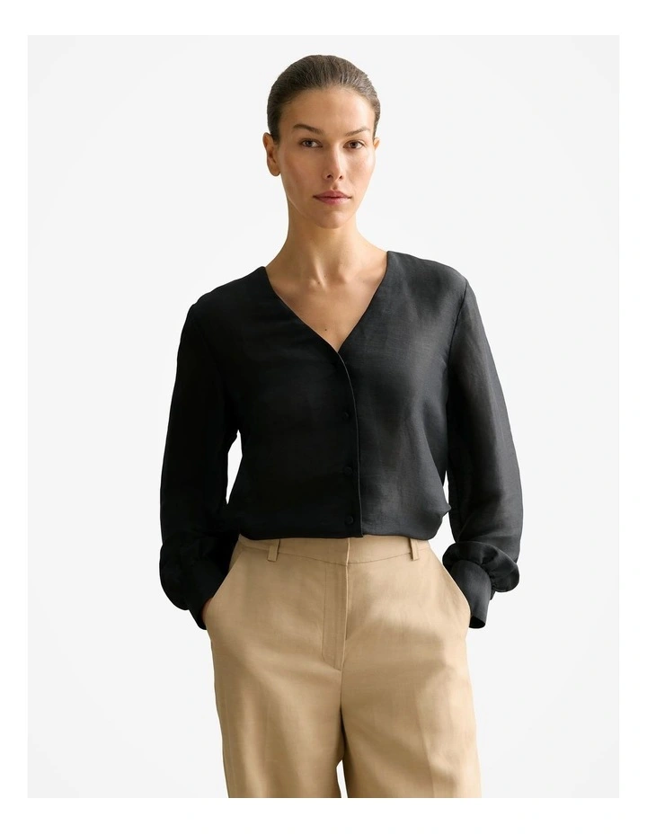 Linen Silk V Neck Blouse in Black image 1