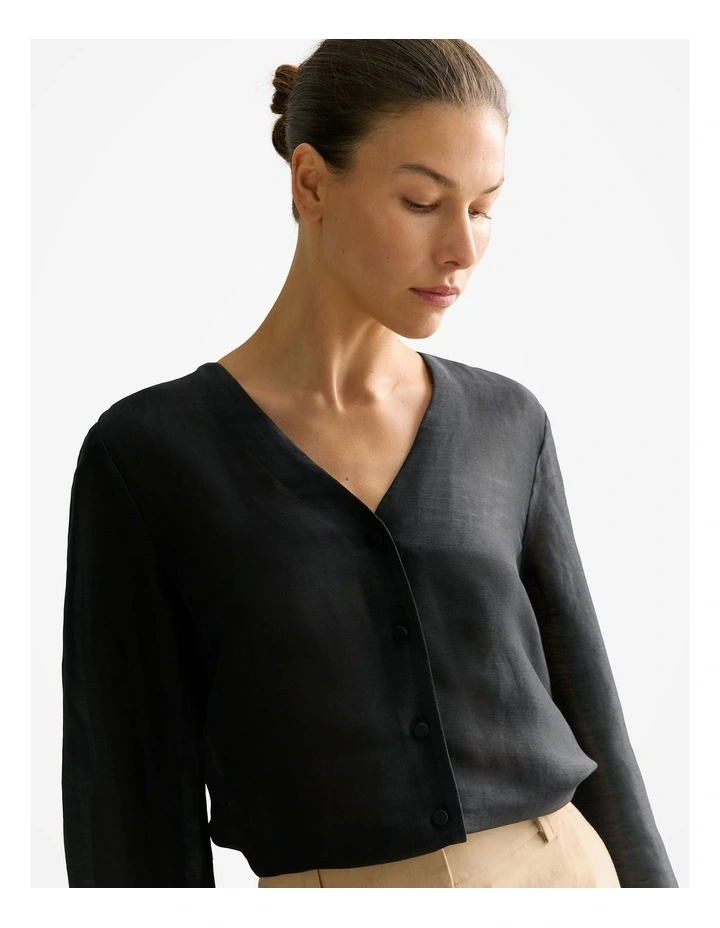 Linen Silk V Neck Blouse in Black image 3