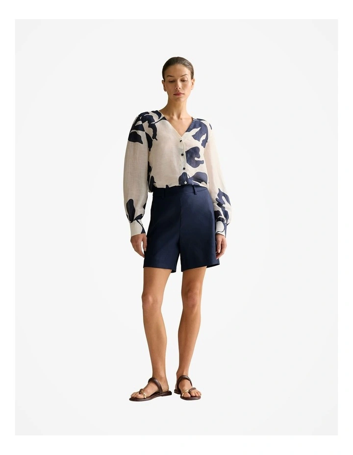 Linen Silk Palm V Neck Blouse in White Multi image 2