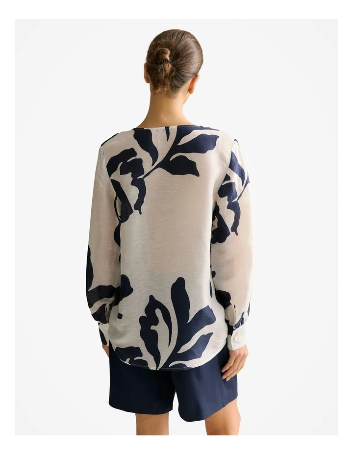 Linen Silk Palm V Neck Blouse in White Multi image 4