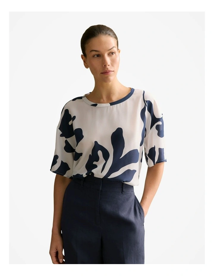 Silk Crepe Palm Relaxed Top in White Multi image 1