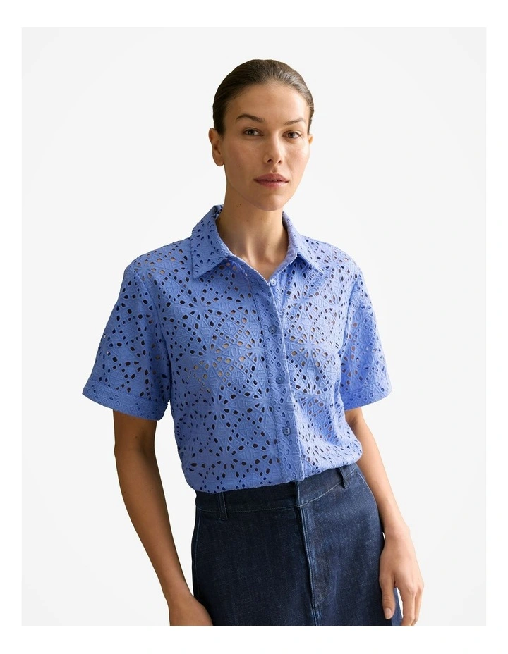 Broderie Anglaise Short Sleeve Shirt in Wedgewood Blue image 1