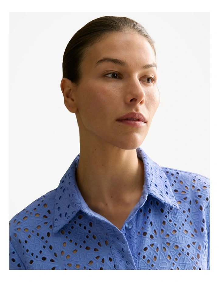 Broderie Anglaise Short Sleeve Shirt in Wedgewood Blue image 3