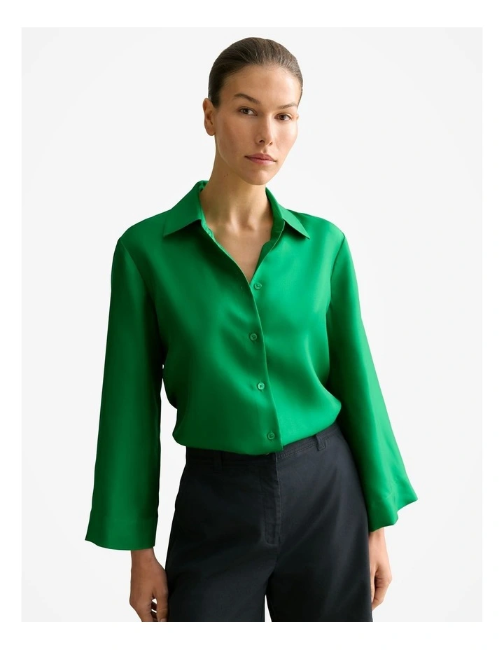 Silk Twill Flared Sleeve Shirt in Billiard Green image 1