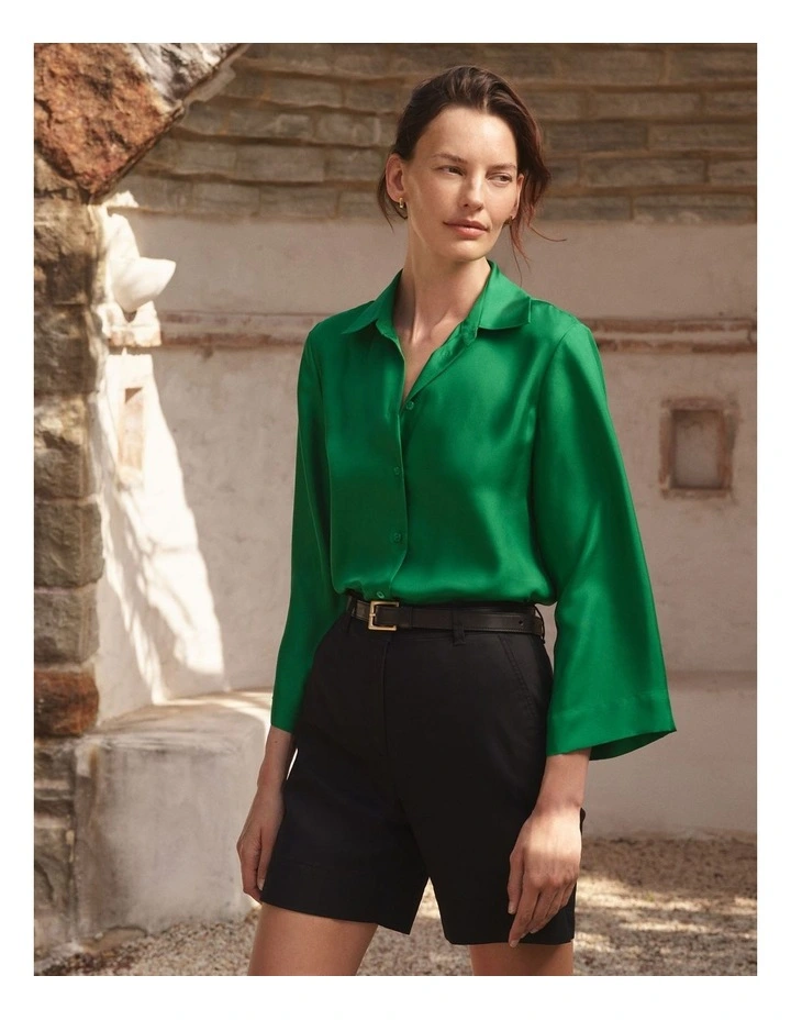 Silk Twill Flared Sleeve Shirt in Billiard Green image 2
