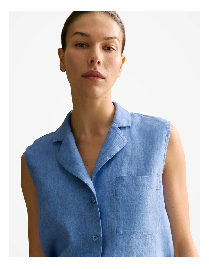 Delave Linen Sleeveless Shirt in Wedgewood Blue image 3