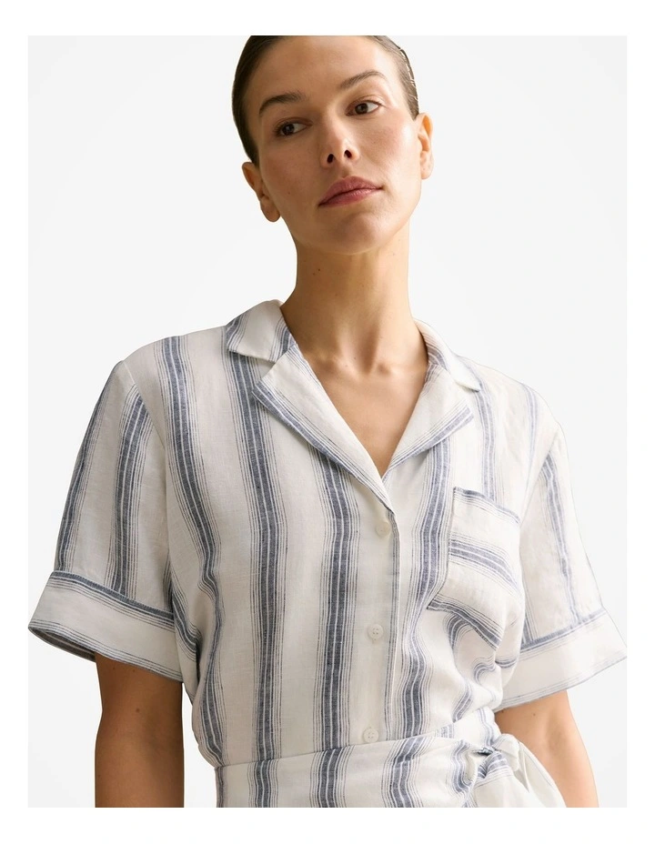 Linen Shadow Stripe Camp Shirt in White image 3