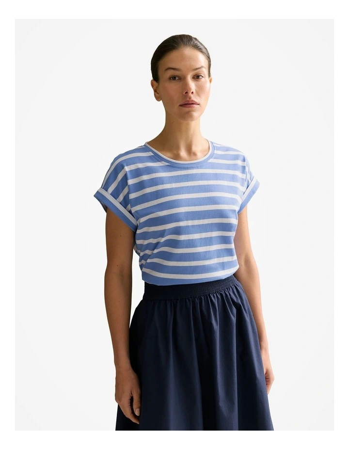 Pima Cotton Stripe Cuff Detail T-shirt in Wedgewood Blue image 1