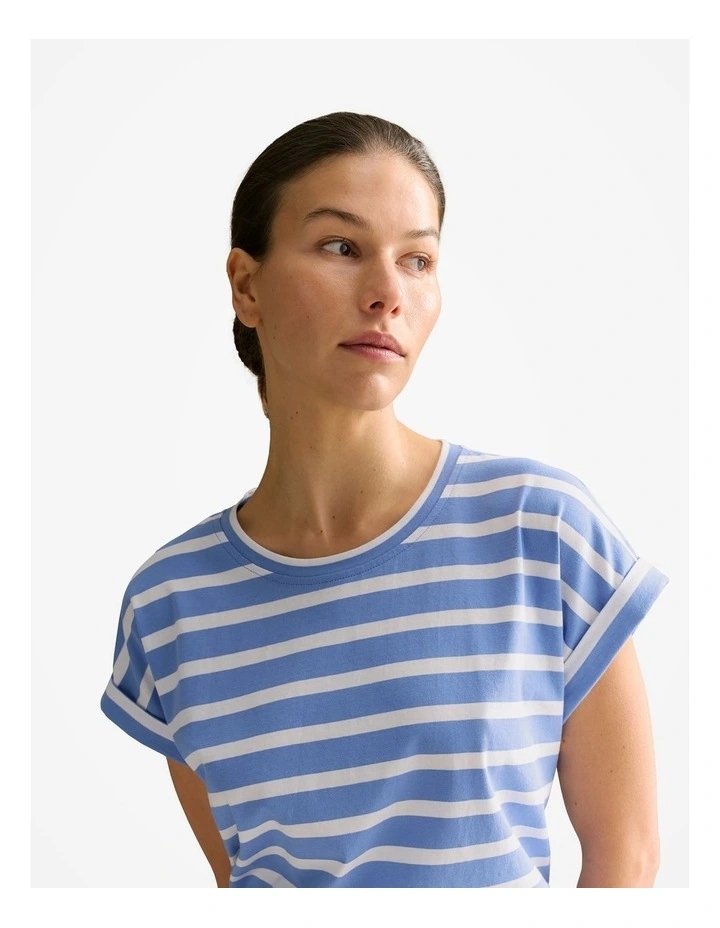 Pima Cotton Stripe Cuff Detail T-shirt in Wedgewood Blue image 3