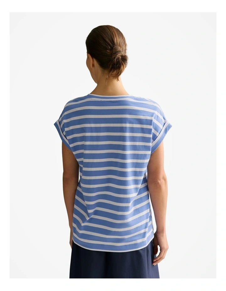 Pima Cotton Stripe Cuff Detail T-shirt in Wedgewood Blue image 4