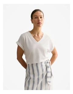 Linen Cotton V Neck T-shirt in White