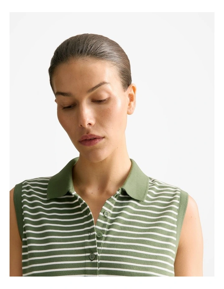 Australian Cotton Stripe Sleeveless Polo Top in Ivy image 3