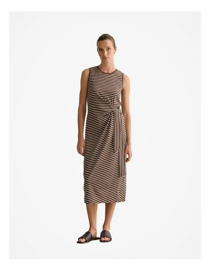 Cotton Interlock Stripe Gathered Tank Dress in Chocolate image 1