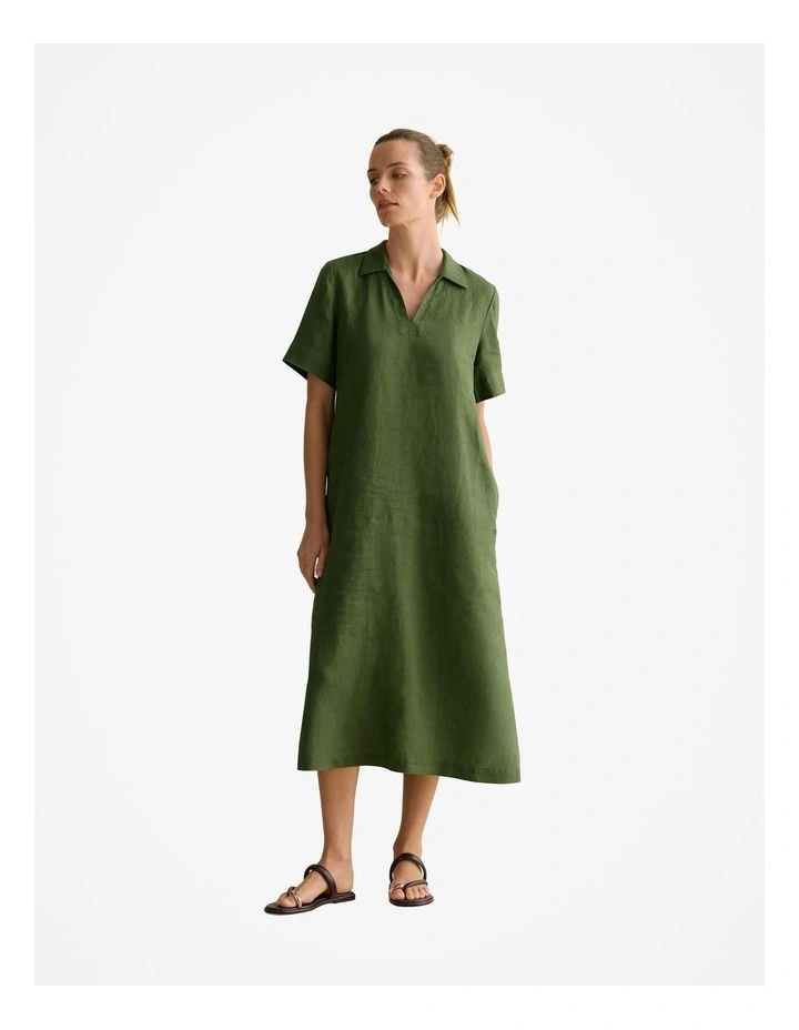 Linen Polo Collar Midi Shift Dress in Ivy image 1