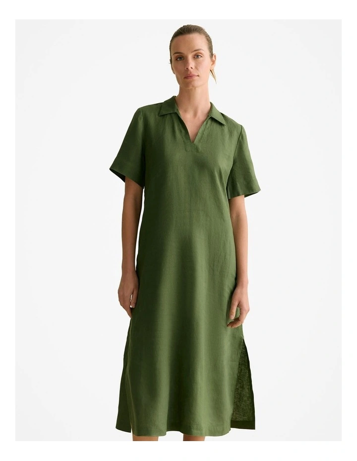 Linen Polo Collar Midi Shift Dress in Ivy image 2