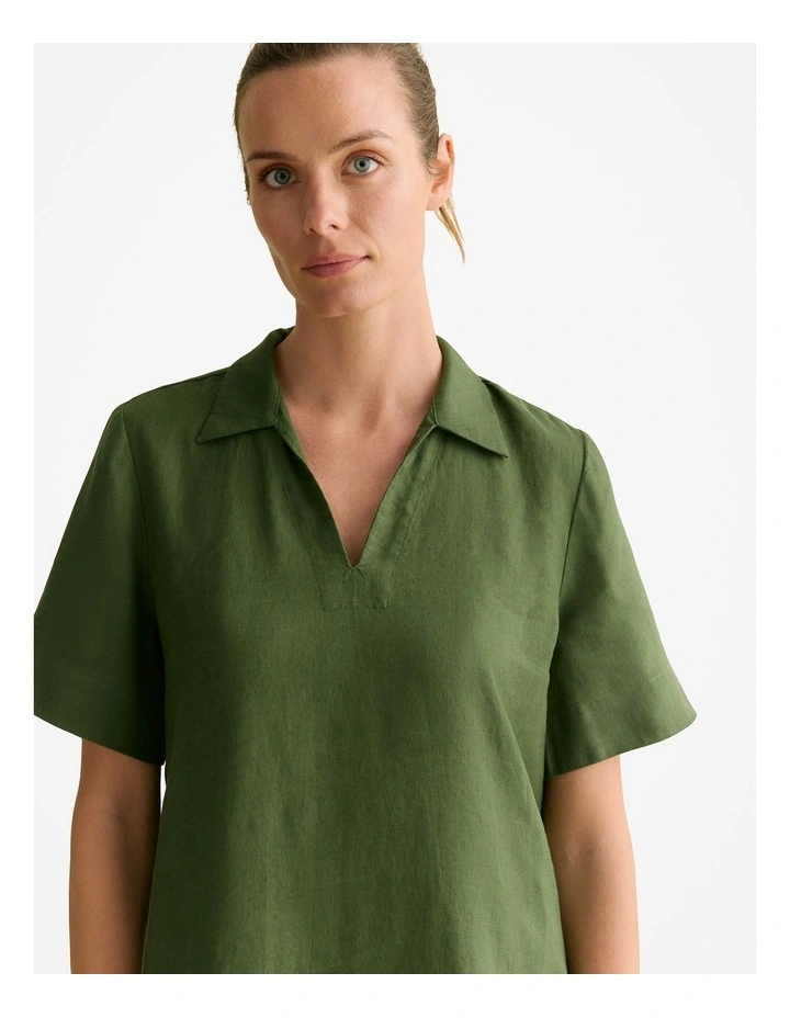 Linen Polo Collar Midi Shift Dress in Ivy image 3