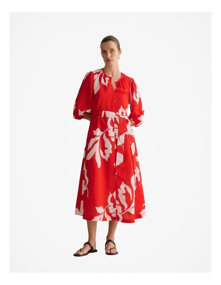 Stencil Palm Blouson Sleeve Tie Waist Dress in Multi Deep Red image 1