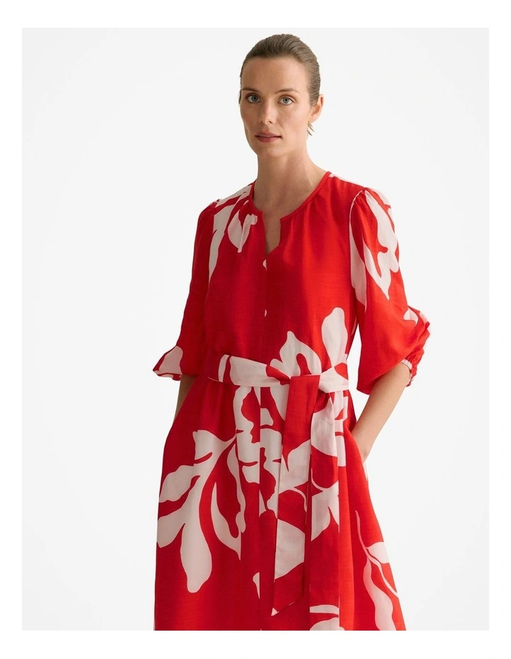 Stencil Palm Blouson Sleeve Tie Waist Dress in Multi Deep Red image 2