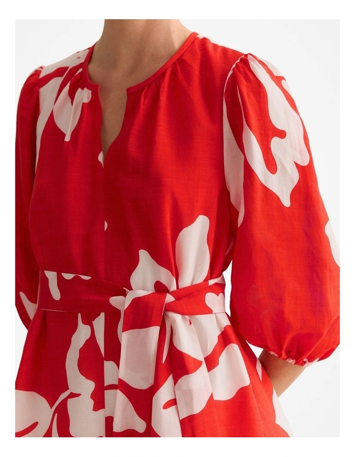 Stencil Palm Blouson Sleeve Tie Waist Dress in Multi Deep Red image 3