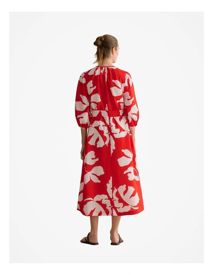 Stencil Palm Blouson Sleeve Tie Waist Dress in Multi Deep Red image 4