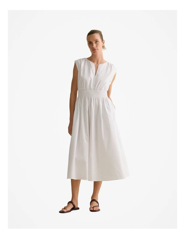 Cotton Sateen Shirred Waist Dress in White image 1