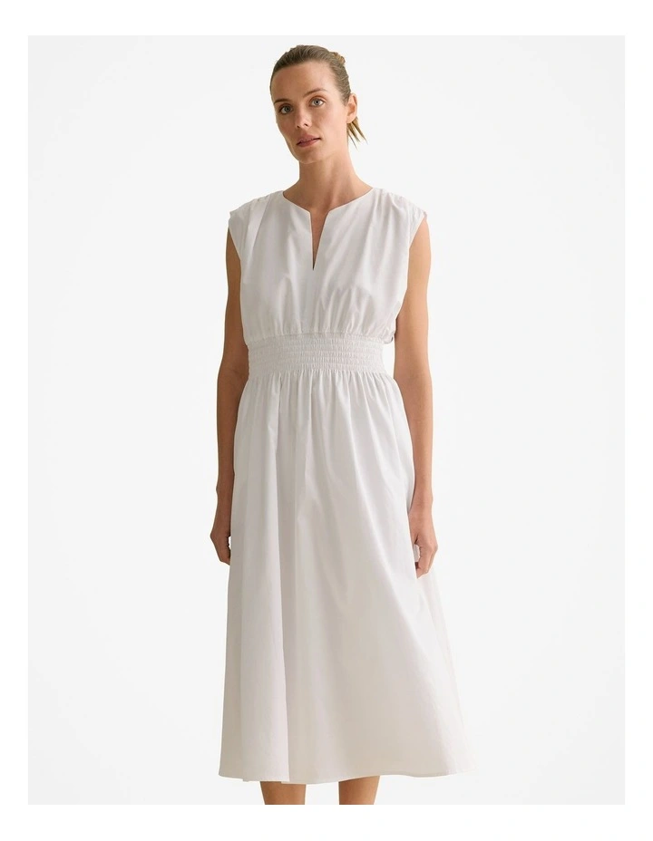 Cotton Sateen Shirred Waist Dress in White image 2