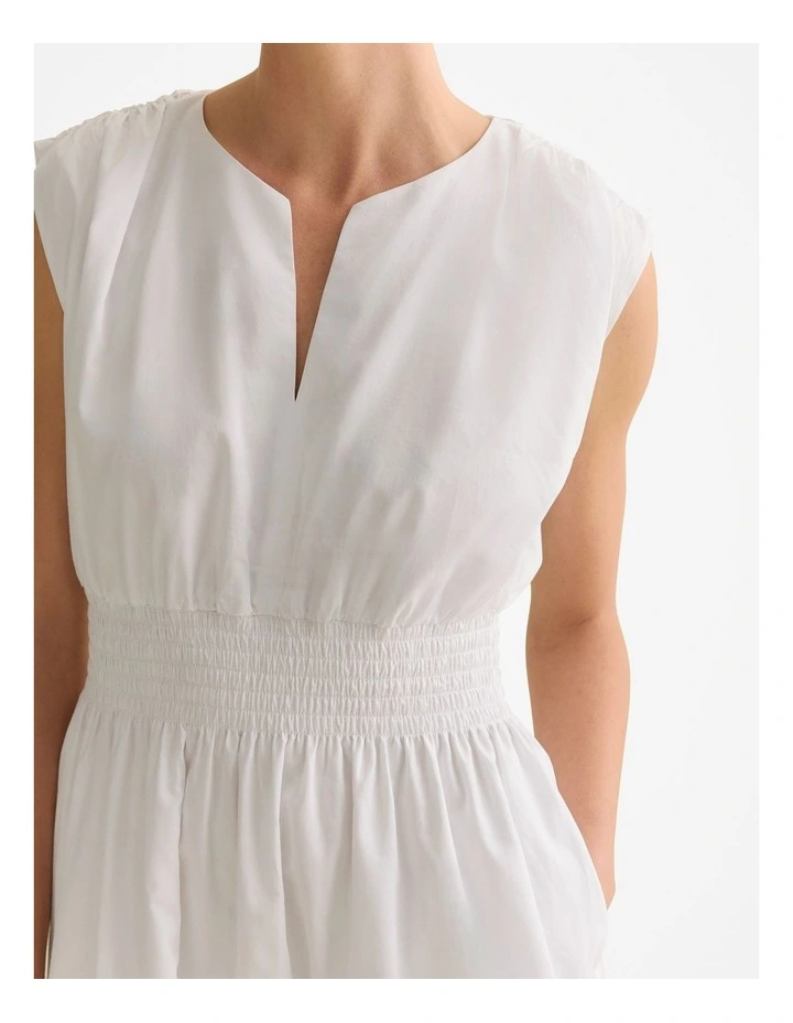 Cotton Sateen Shirred Waist Dress in White image 3
