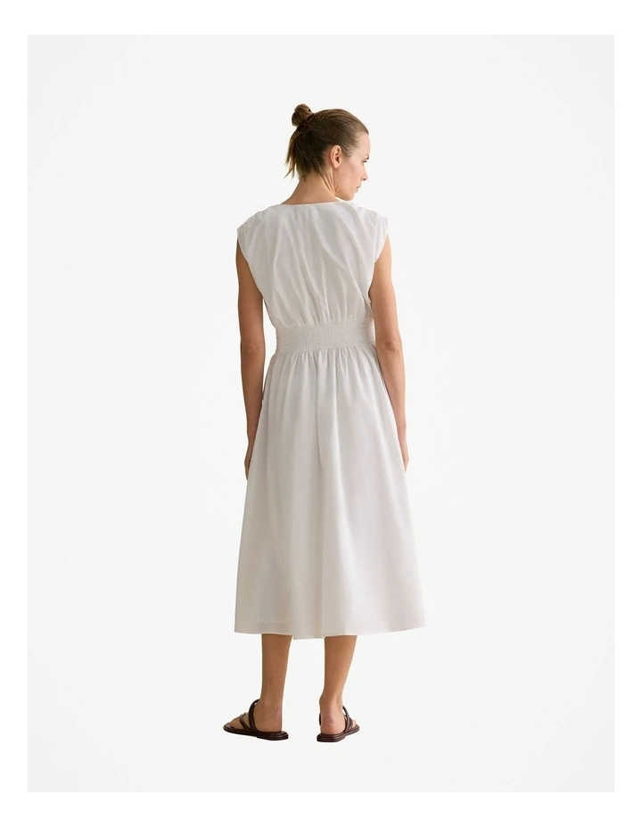 Cotton Sateen Shirred Waist Dress in White image 4