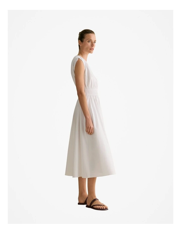 Cotton Sateen Shirred Waist Dress in White image 5