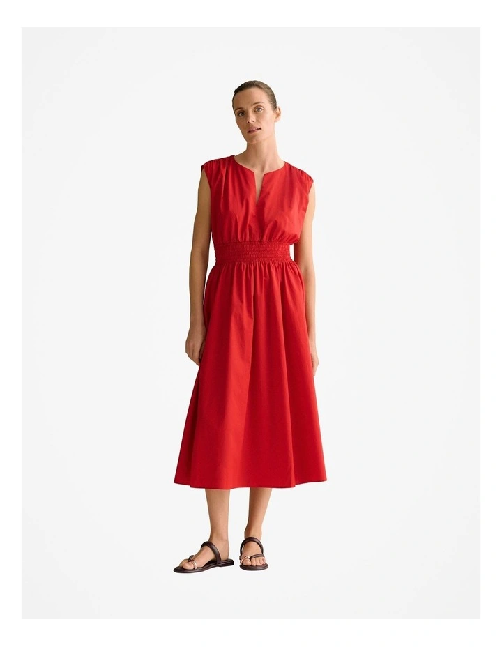 Cotton Sateen Shirred Waist Dress in True Red image 1