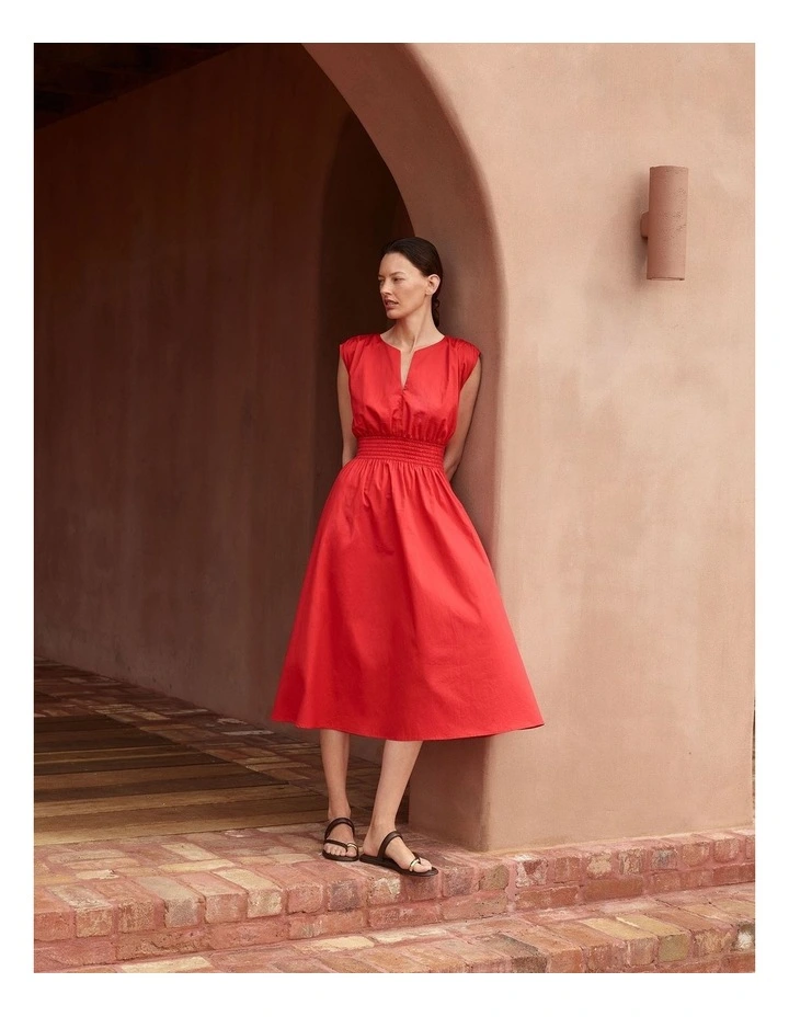 Cotton Sateen Shirred Waist Dress in True Red image 2