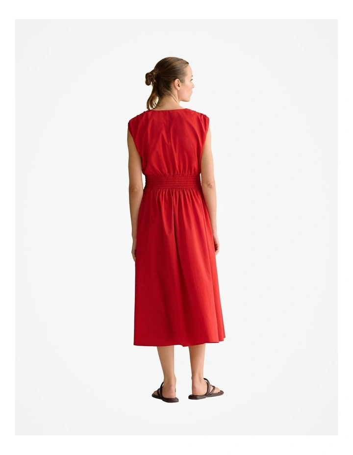 Cotton Sateen Shirred Waist Dress in True Red image 4