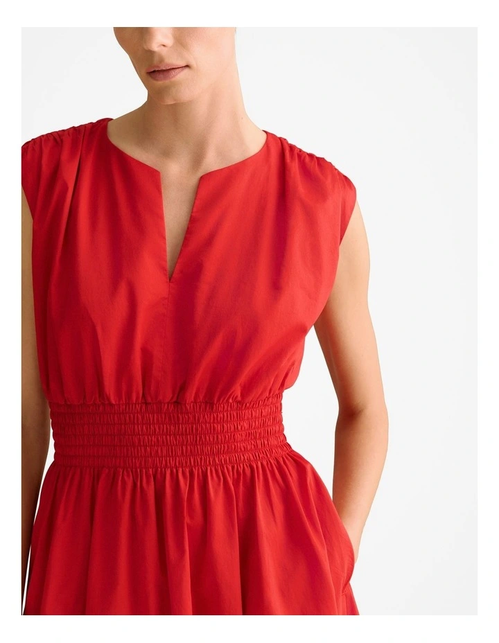 Cotton Sateen Shirred Waist Dress in True Red image 5