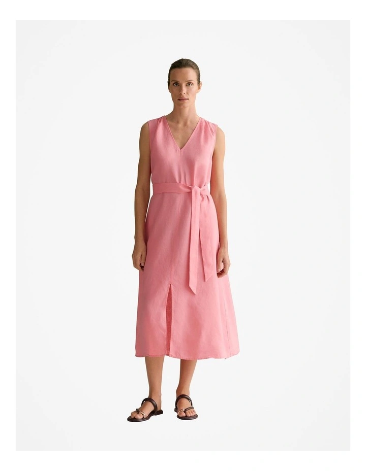 Linen Split Front Sleeveless Dress in Pink Grenadine Linen Split Front Sleeveless Dress in Pink Grenadine