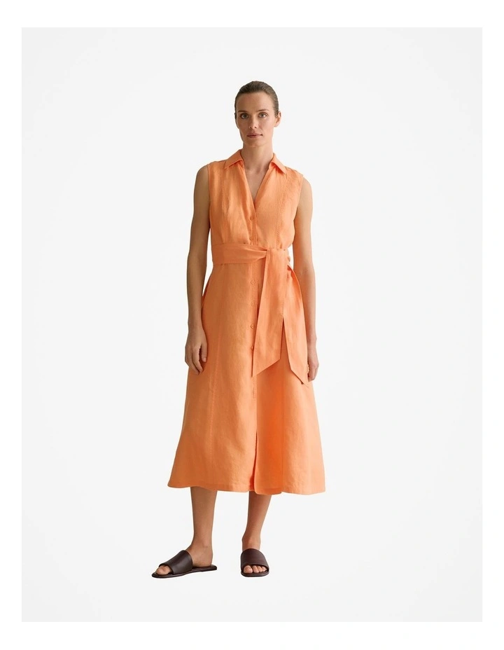 Linen Panel Detail Sleeveless Shirt Dress in Tangerine image 1