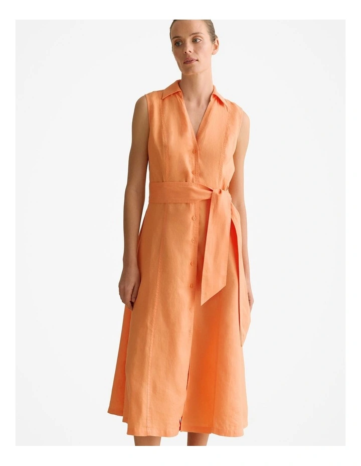 Linen Panel Detail Sleeveless Shirt Dress in Tangerine image 2