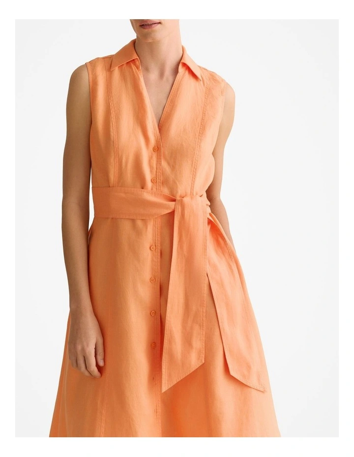 Linen Panel Detail Sleeveless Shirt Dress in Tangerine image 3