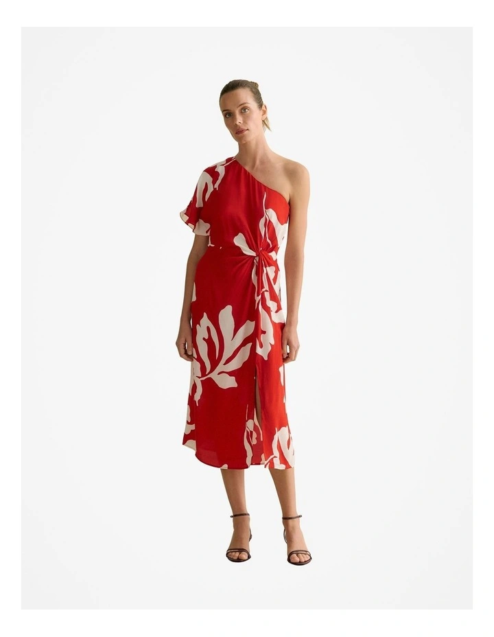 Stencil Palm One Shoulder Dress in Multi Deep Red image 1