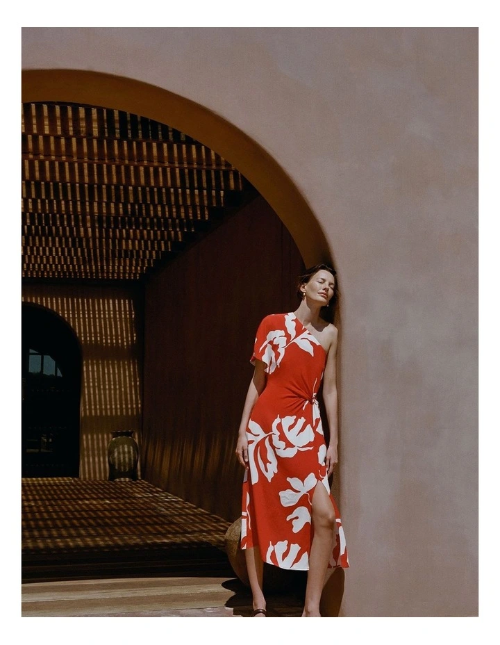 Stencil Palm One Shoulder Dress in Multi Deep Red image 2