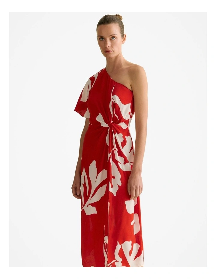 Stencil Palm One Shoulder Dress in Multi Deep Red image 3