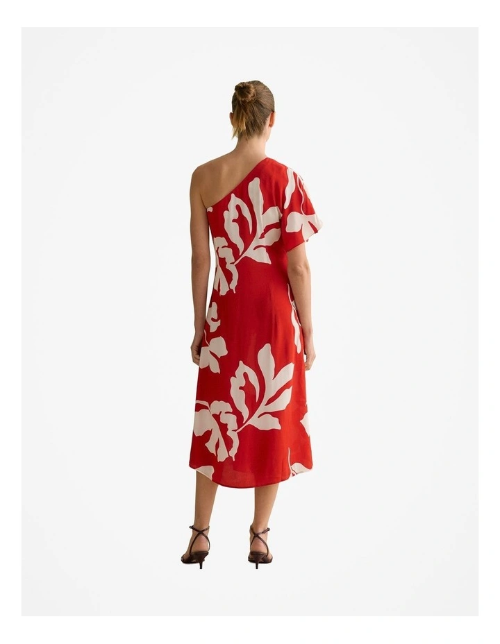 Stencil Palm One Shoulder Dress in Multi Deep Red image 4