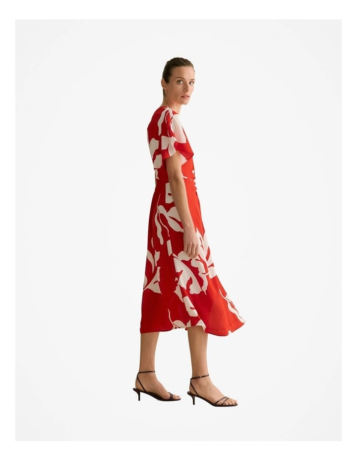 Stencil Palm One Shoulder Dress in Multi Deep Red image 5