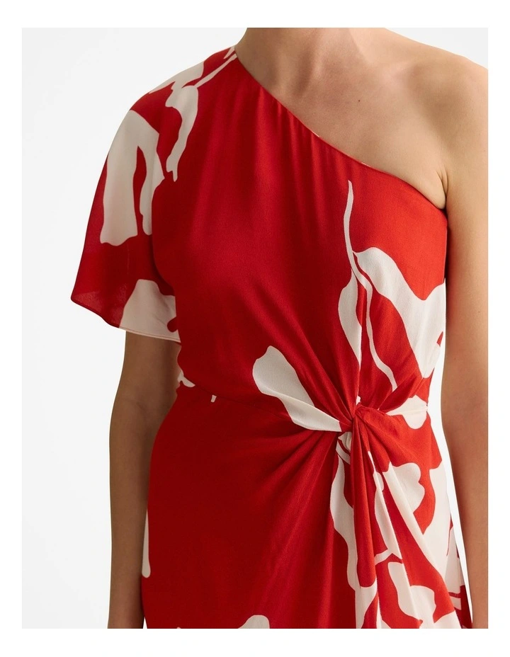 Stencil Palm One Shoulder Dress in Multi Deep Red image 6